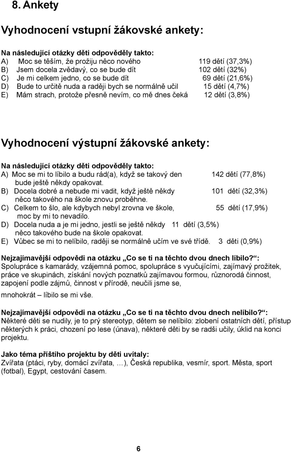 Vyhodnocení výstupní žákovské ankety: Na následující otázky děti odpověděly takto: A) Moc se mi to líbilo a budu rád(a), když se takový den 142 dětí (77,8%) bude ještě někdy opakovat.