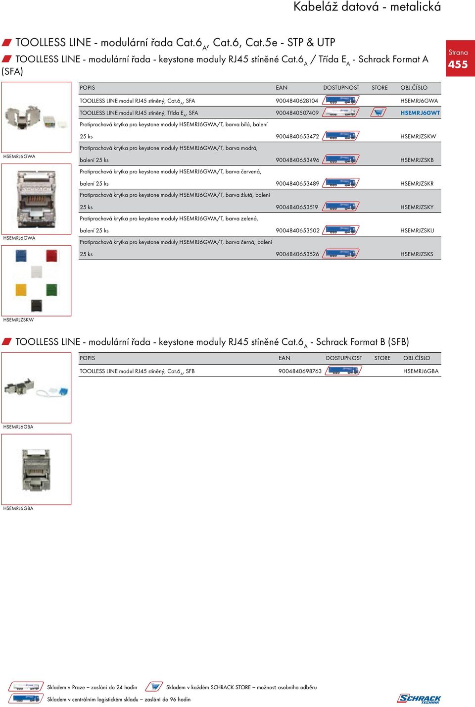 6 A, SFA 9004840628104 HSEMRJ6GWA TOOLLESS LINE modul RJ45 stíněný, Třída E A, SFA 9004840507409 HSEMRJ6GWT Protiprachová krytka pro keystone moduly HSEMRJ6GWA/T, barva bílá, balení 25 ks