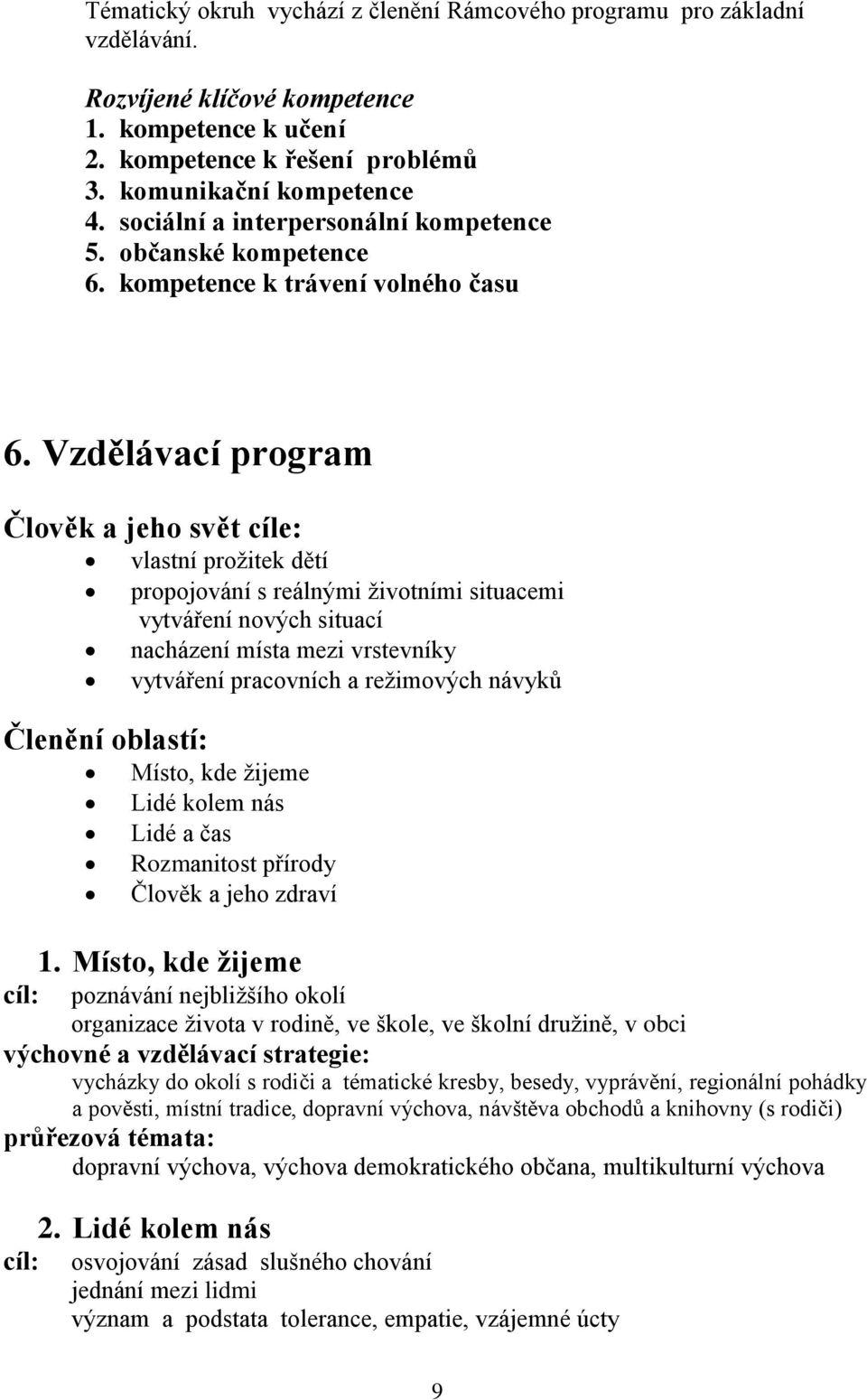 Vzdělávací program Člověk a jeho svět cíle: Členění oblastí: vlastní prožitek dětí propojování s reálnými životními situacemi vytváření nových situací nacházení místa mezi vrstevníky vytváření