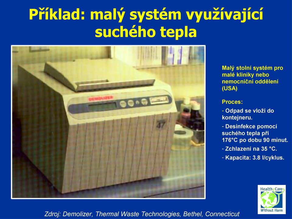 - Desinfekce pomocí suchého tepla při 176 C po dobu 90 minut. - Zchlazení na 35 C.