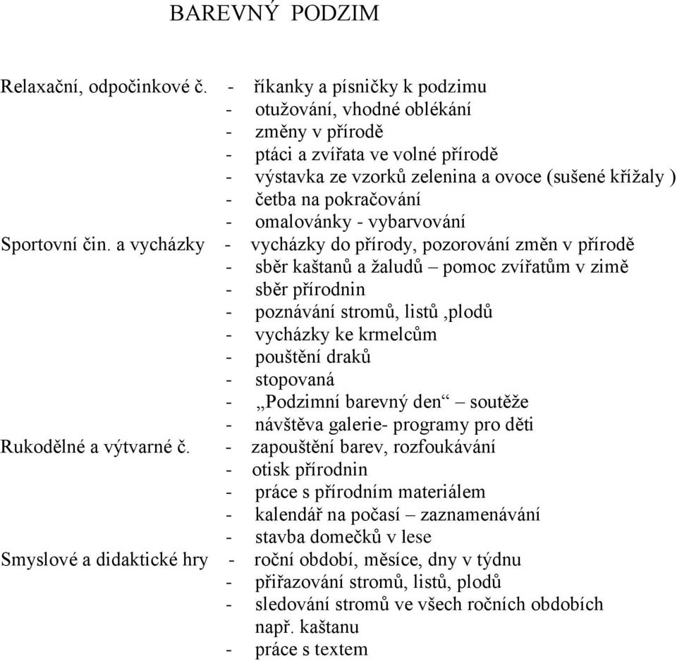 četba na pokračování - omalovánky - vybarvování - vycházky do přírody, pozorování změn v přírodě - sběr kaštanů a žaludů pomoc zvířatům v zimě - sběr přírodnin - poznávání stromů, listů,plodů -