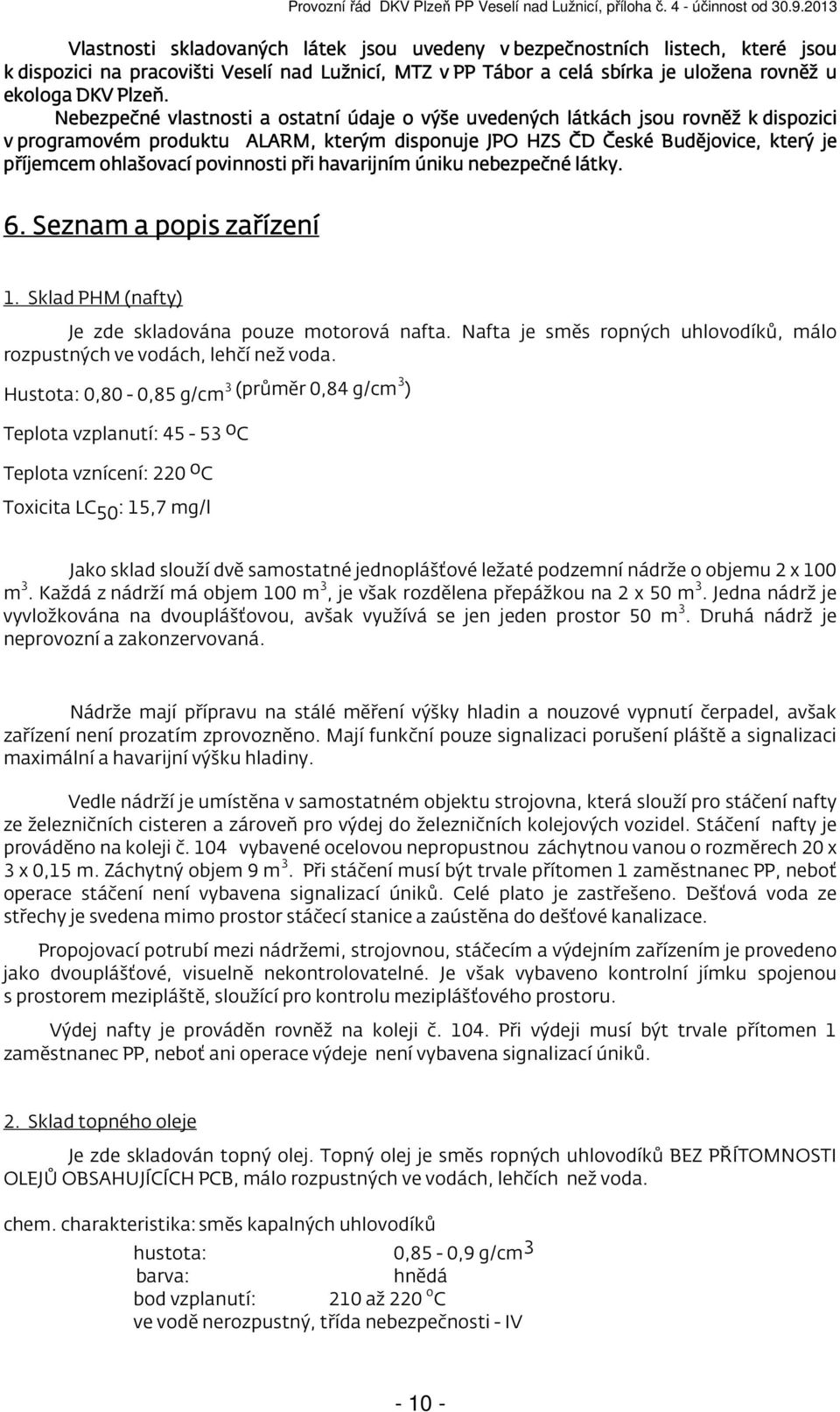 povinnosti při havarijním úniku nebezpečné látky. 6. Seznam a popis zařízení 1. Sklad PHM (nafty) Je zde skladována pouze motorová nafta.