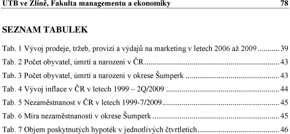 2 Počet obyvatel, úmrtí a narození v ČR... 43 Tab. 3 Počet obyvatel, úmrtí a narození v okrese Šumperk... 43 Tab. 4 Vývoj inflace v ČR v letech 1999 2Q/2009.