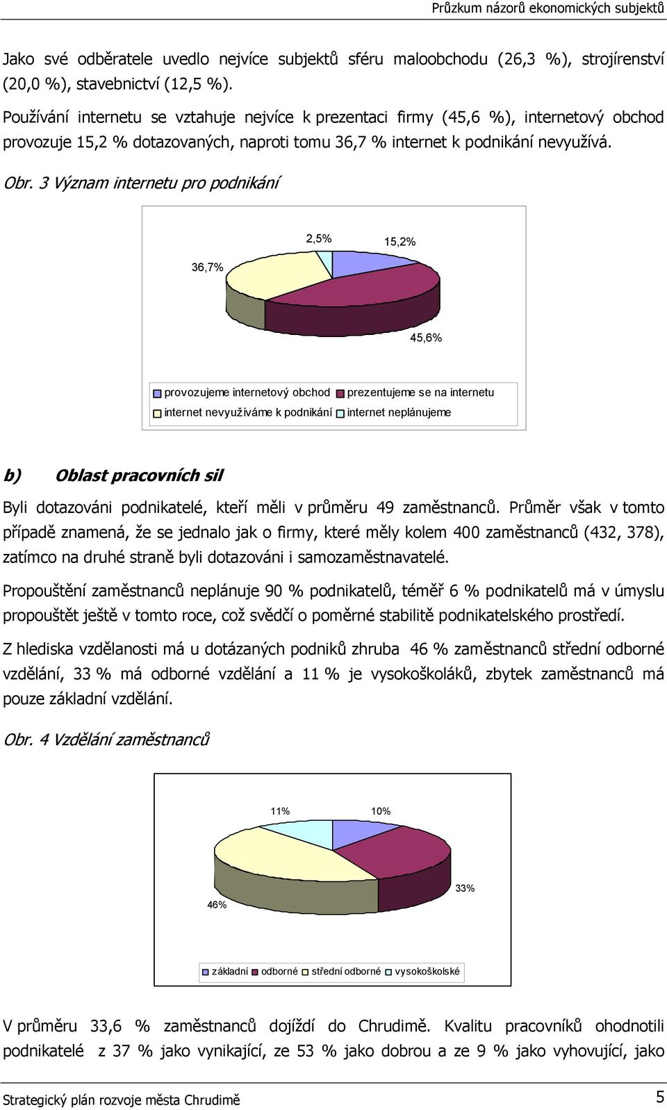 3 Význam internetu pro podnikání 2,5% 15,2% 36,7% 45,6% provozujeme internetový obchod internet nevyužíváme k podnikání prezentujeme se na internetu internet neplánujeme b) Oblast pracovních sil Byli