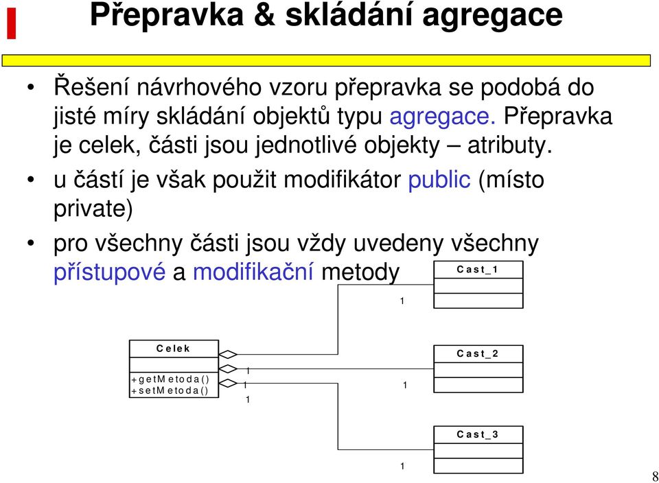 u částí je však použit modifikátor public (místo private) pro všechny části jsou vždy uvedeny všechny C