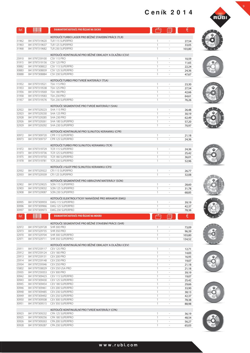 TLR 230 SUPERPRO 1-103,80 KOTOUČE KONTINUÁLNÍ PRO BĚŽNÉ OBKLADY A DLAŽBU (CSV) 25910 8413797259100 CSV 115 PRO 1-10,59 31915 8413797319156 CSV 125 PRO 1-11,65 30882 8413797308822 CSV 115 SUPERPRO