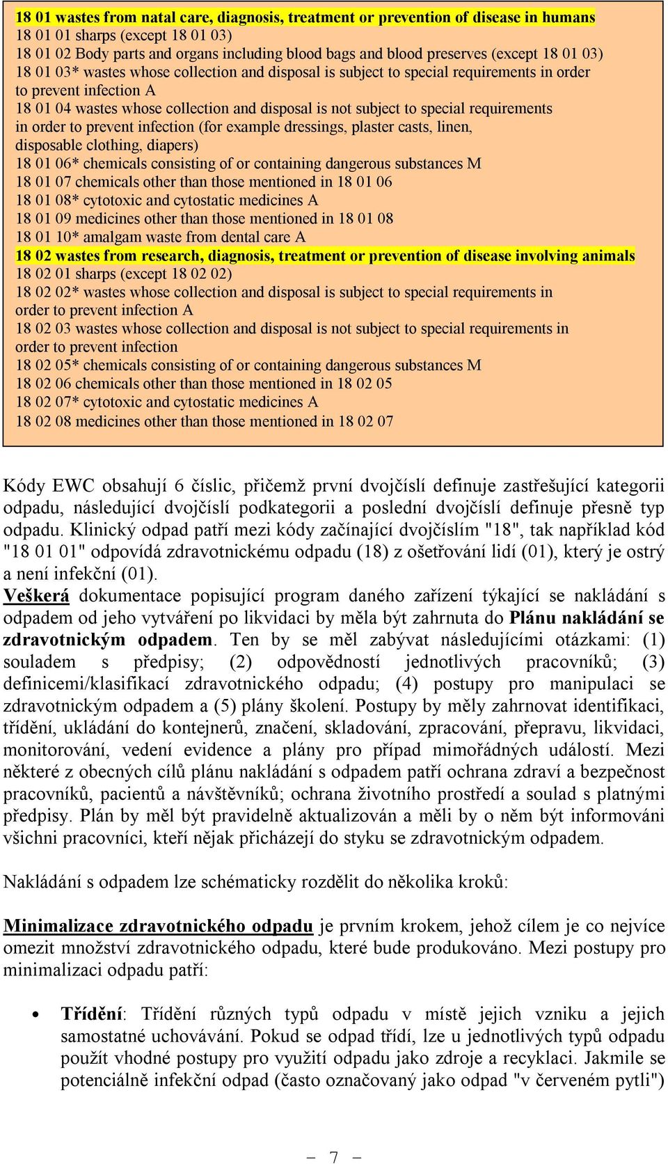 requirements in order to prevent infection (for example dressings, plaster casts, linen, disposable clothing, diapers) 18 01 06* chemicals consisting of or containing dangerous substances M 18 01 07