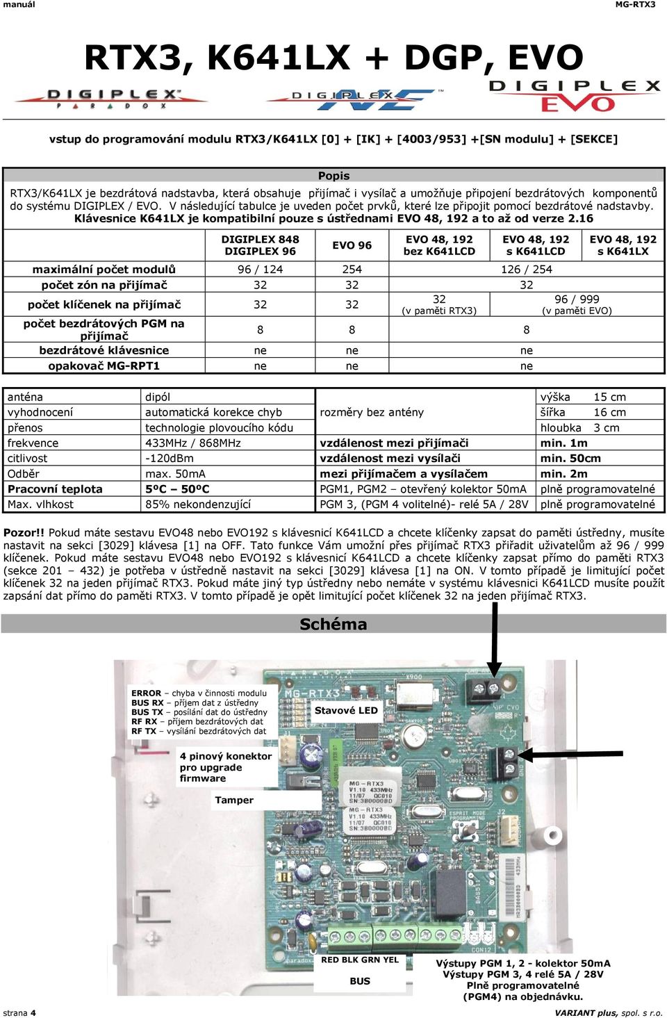 Klávesnice K641LX je kompatibilní pouze s ústřednami EVO 48, 192 a to až od verze 2.