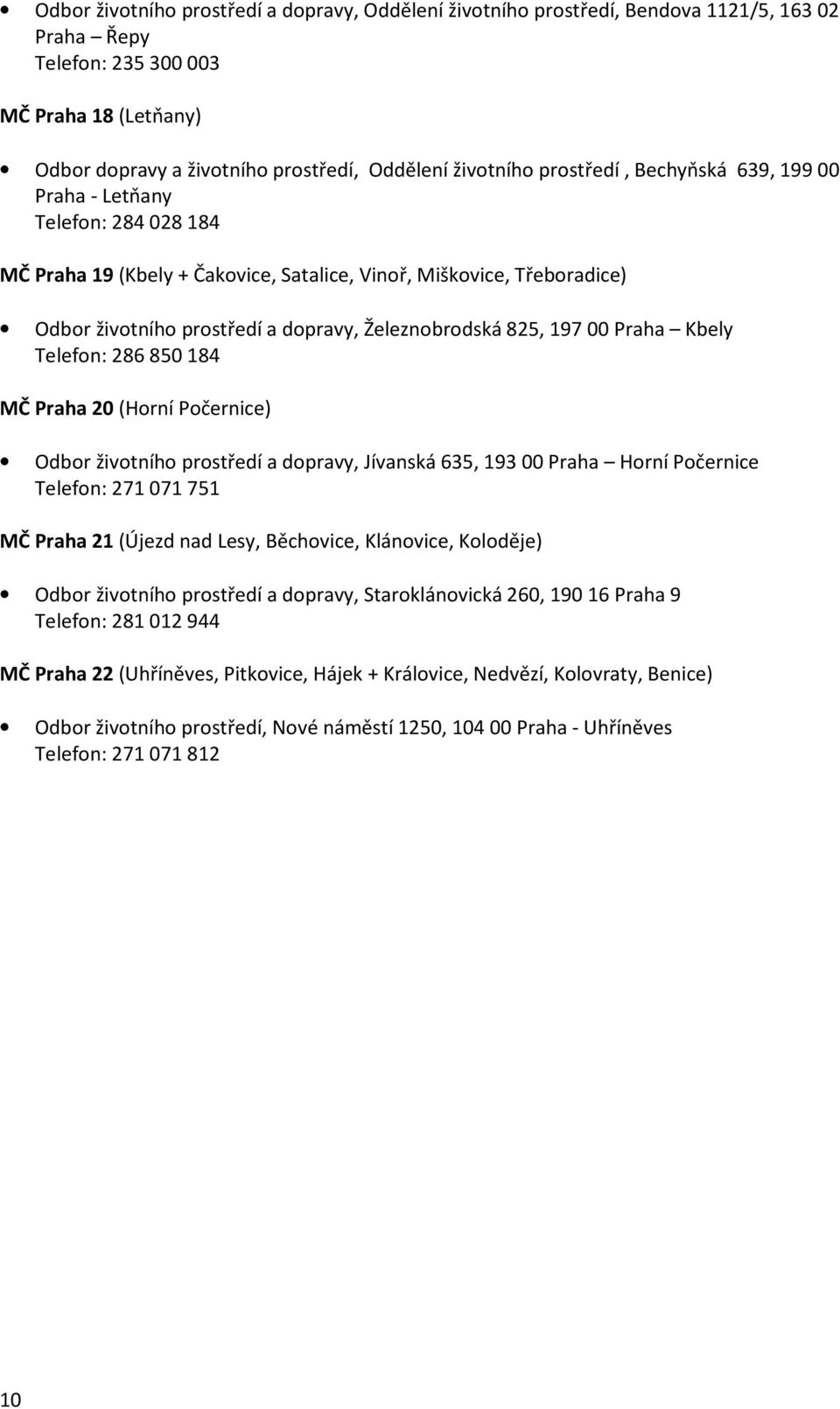 197 00 Praha Kbely Telefon: 286 850 184 MČ Praha 20 (Horní Počernice) Odbor životního prostředí a dopravy, Jívanská 635, 193 00 Praha Horní Počernice Telefon: 271 071 751 MČ Praha 21 (Újezd nad Lesy,