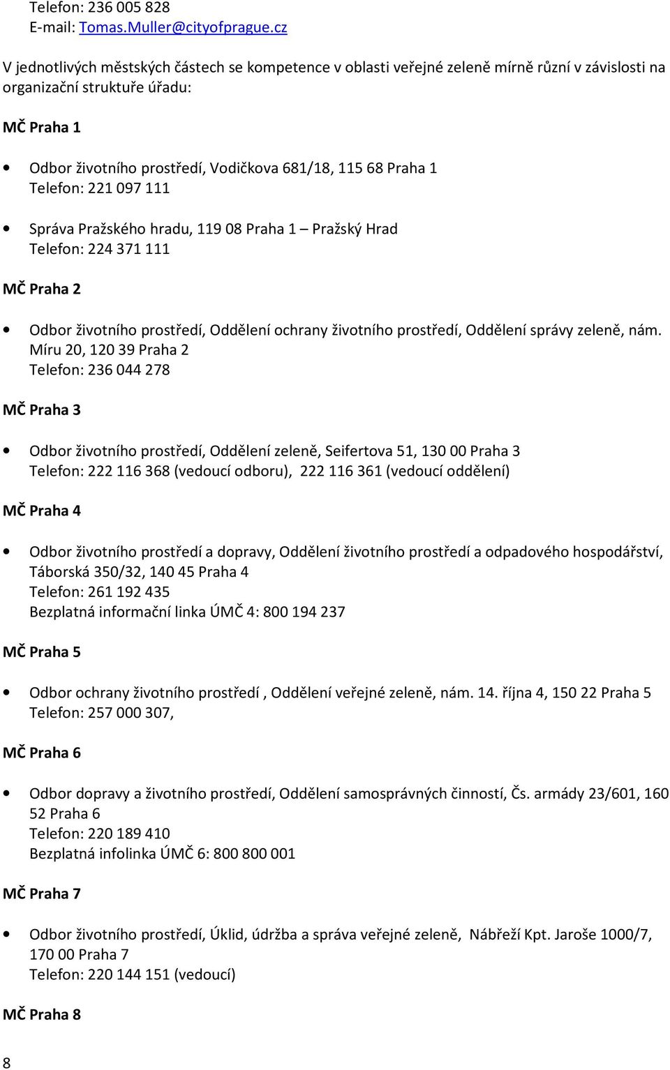 Praha 1 Telefon: 221 097 111 Správa Pražského hradu, 119 08 Praha 1 Pražský Hrad Telefon: 224 371 111 MČ Praha 2 Odbor životního prostředí, Oddělení ochrany životního prostředí, Oddělení správy