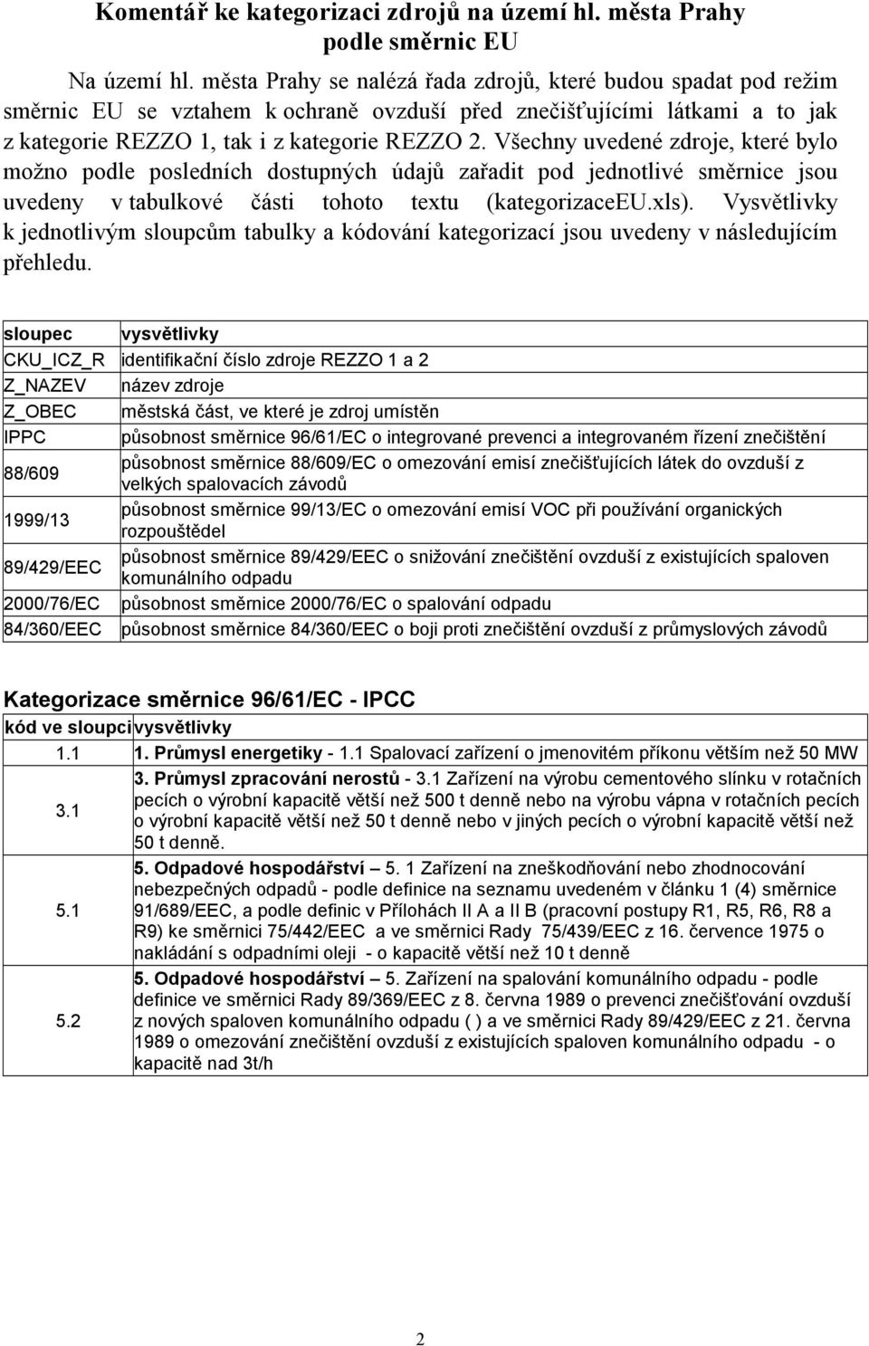 Všechny uvedené zdroje, které bylo možno podle posledních dostupných údajů zařadit pod jednotlivé směrnice jsou uvedeny v tabulkové části tohoto textu (kategorizaceeu.xls).