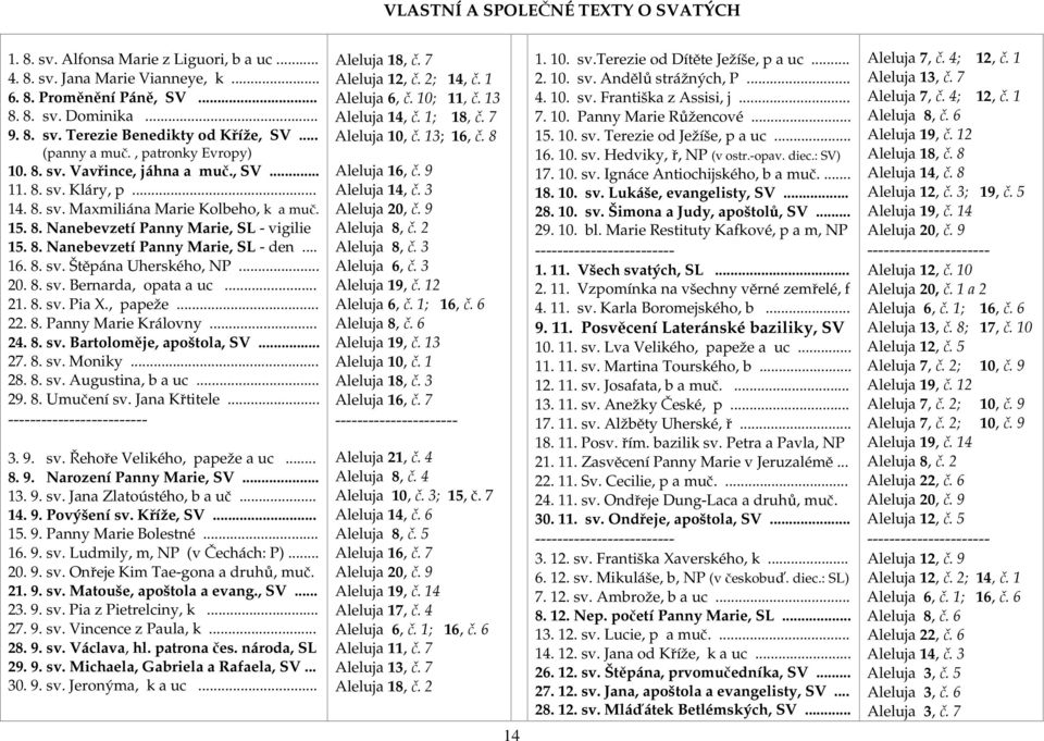 .. 16. 8. sv. Štěpána Uherského, NP... 20. 8. sv. Bernarda, opata a uc... 21. 8. sv. Pia X., papeže... 22. 8. Panny Marie Královny... 24. 8. sv. Bartoloměje, apoštola, SV... 27. 8. sv. Moniky... 28.