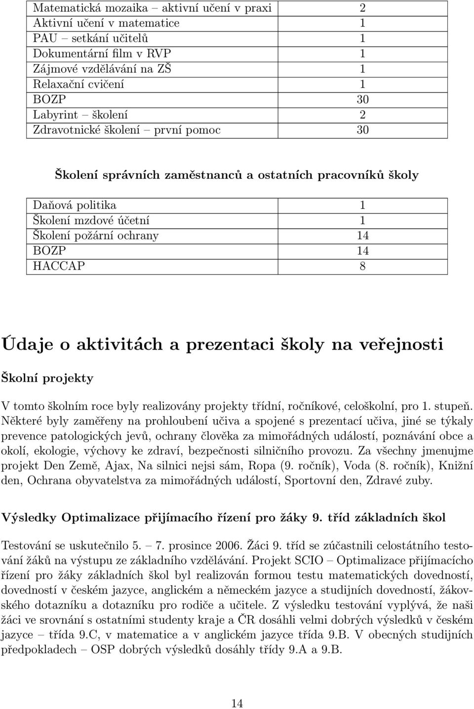 a prezentaci školy na veřejnosti Školní projekty V tomto školním roce byly realizovány projekty třídní, ročníkové, celoškolní, pro 1. stupeň.