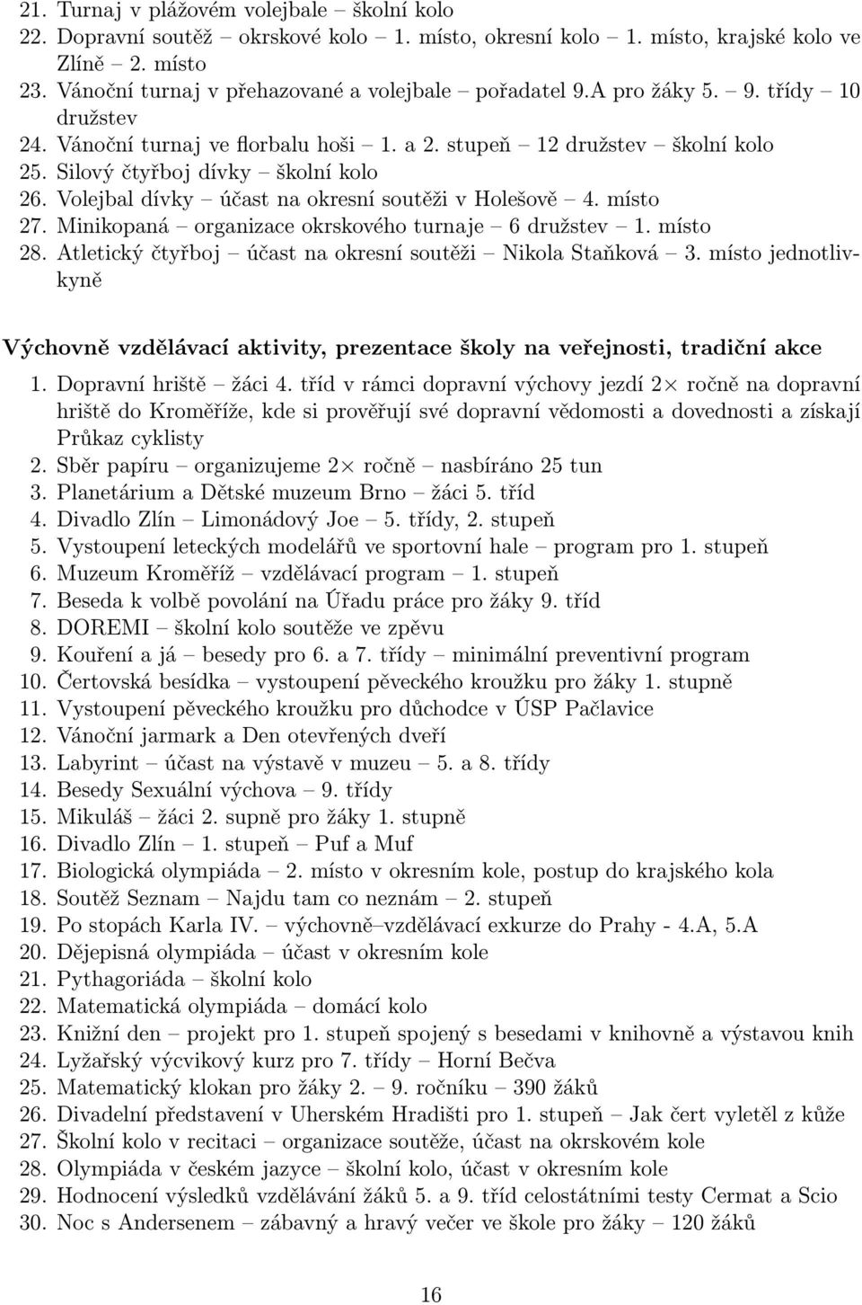 Volejbal dívky účast na okresní soutěži v Holešově 4. místo 27. Minikopaná organizace okrskového turnaje 6 družstev 1. místo 28. Atletický čtyřboj účast na okresní soutěži Nikola Staňková 3.