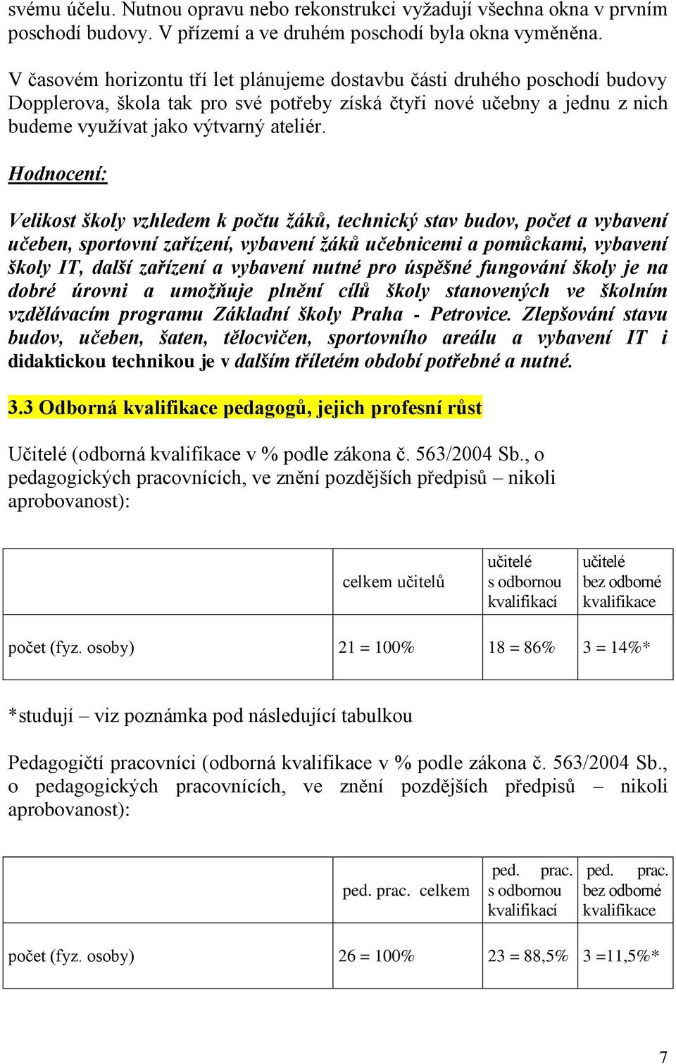 Hodnocení: Velikost školy vzhledem k počtu ţáků, technický stav budov, počet a vybavení učeben, sportovní zařízení, vybavení ţáků učebnicemi a pomůckami, vybavení školy IT, další zařízení a vybavení