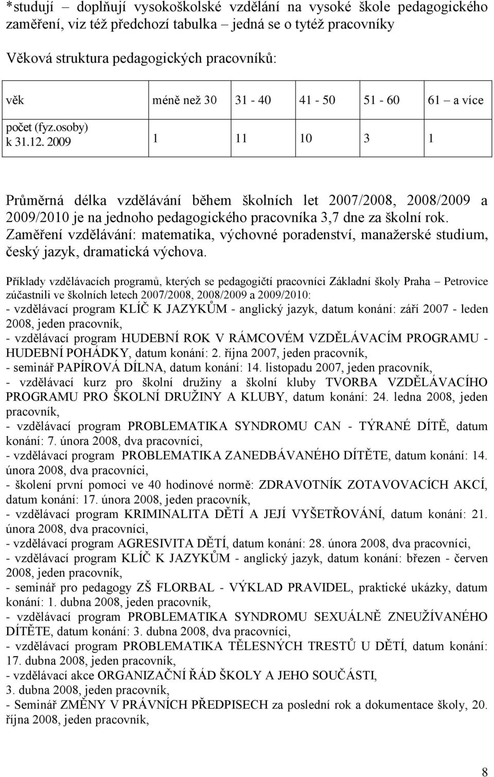 2009 1 11 10 3 1 Průměrná délka vzdělávání během školních let 2007/2008, 2008/2009 a 2009/2010 je na jednoho pedagogického pracovníka 3,7 dne za školní rok.