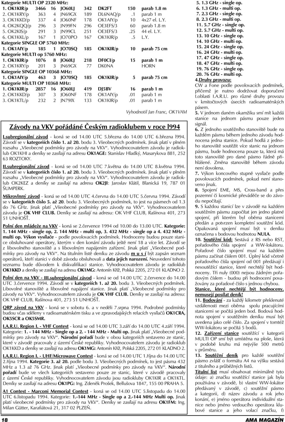 OK1AIY/p 185 1 JO70SQ 185 OK1KIR/p 10 parab 75 cm Kategorie MULTI op 5760 MHz: 1. OK1KIR/p 1076 8 JO60LJ 218 DF0CI/p 15 parab 1 m 2.