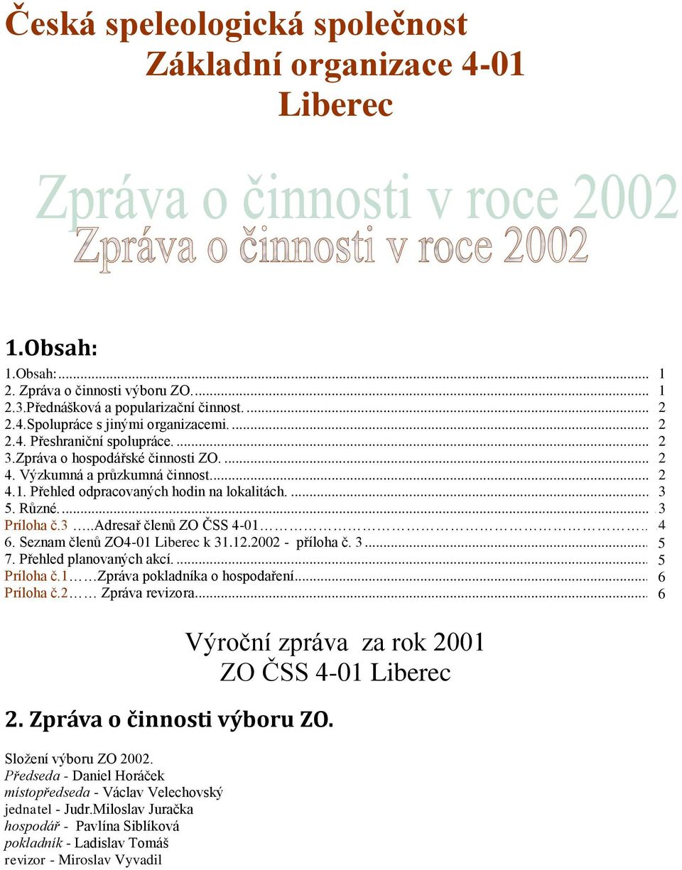 Přehled odpracovaných hodin na lokalitách.... 3 5. Různé.... 3 Príloha č.3..adresař členů ZO ČSS 4-01..4 6. Seznam členů ZO4-01 Liberec k 31.12.2002 - příloha č. 3... 56 7. Přehled planovaných akcí.