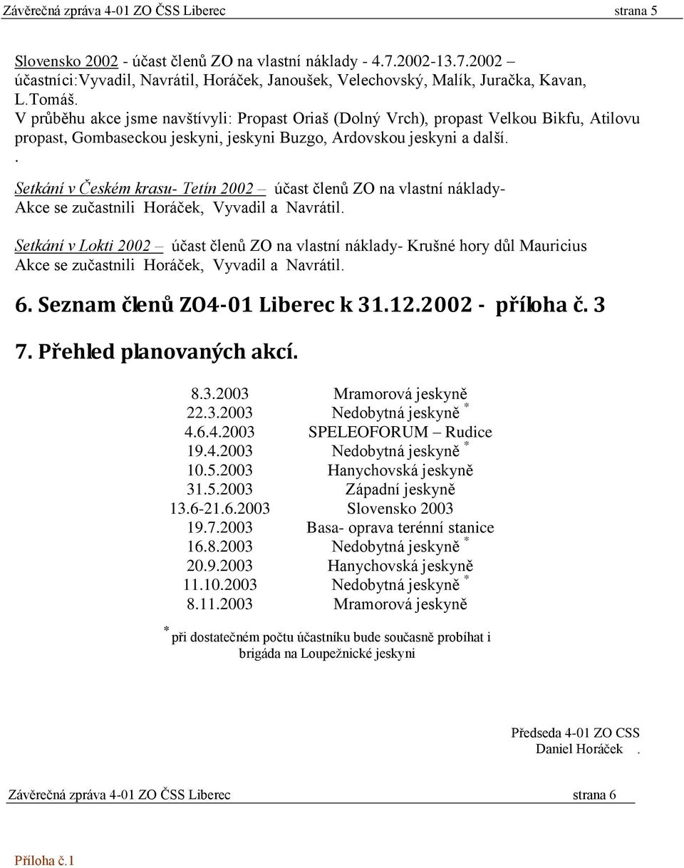 . Setkání v Českém krasu- Tetín 2002 účast členů ZO na vlastní náklady- Akce se zučastnili Horáček, Vyvadil a Navrátil.