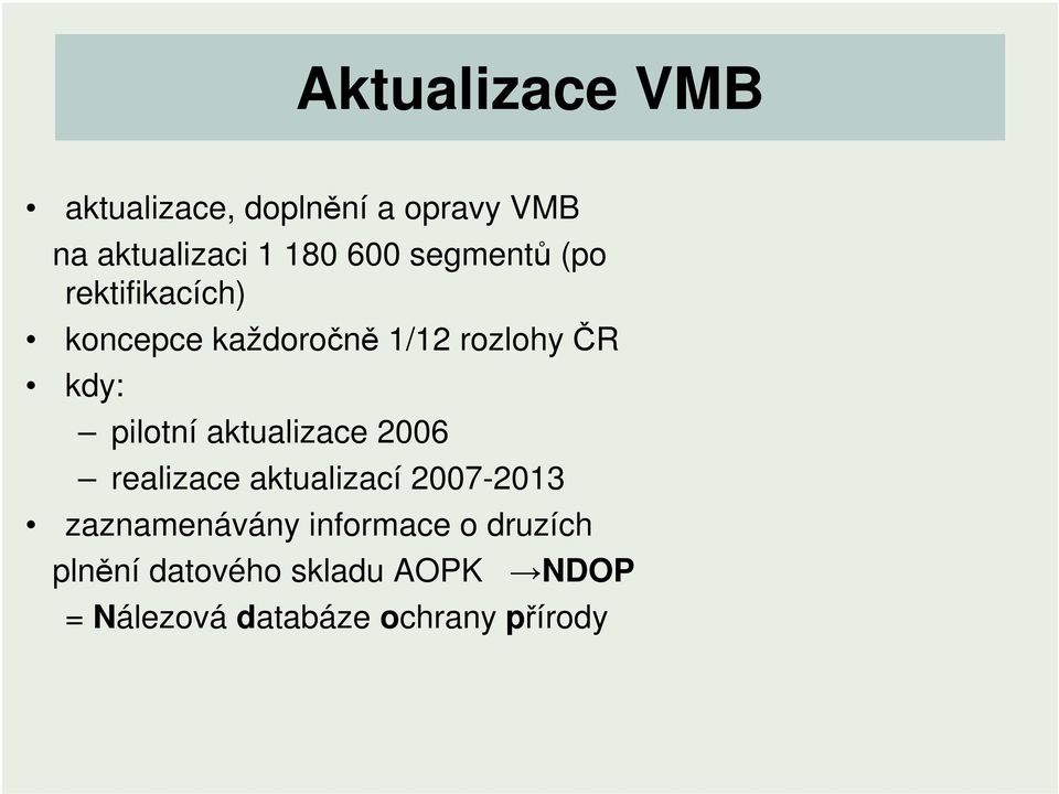 pilotní aktualizace 2006 realizace aktualizací 2007-2013 zaznamenávány