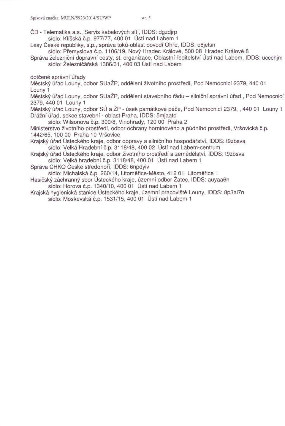 organizace, Oblastní ředitelství Ústí nad Labem, IDDS: uccchjm sídlo: Železničářská 1386/31,40003 Ústí nad Labem dotčené správní úřady Městský úřad Louny, odbor SUaŽP, oddělení životního prostředí,