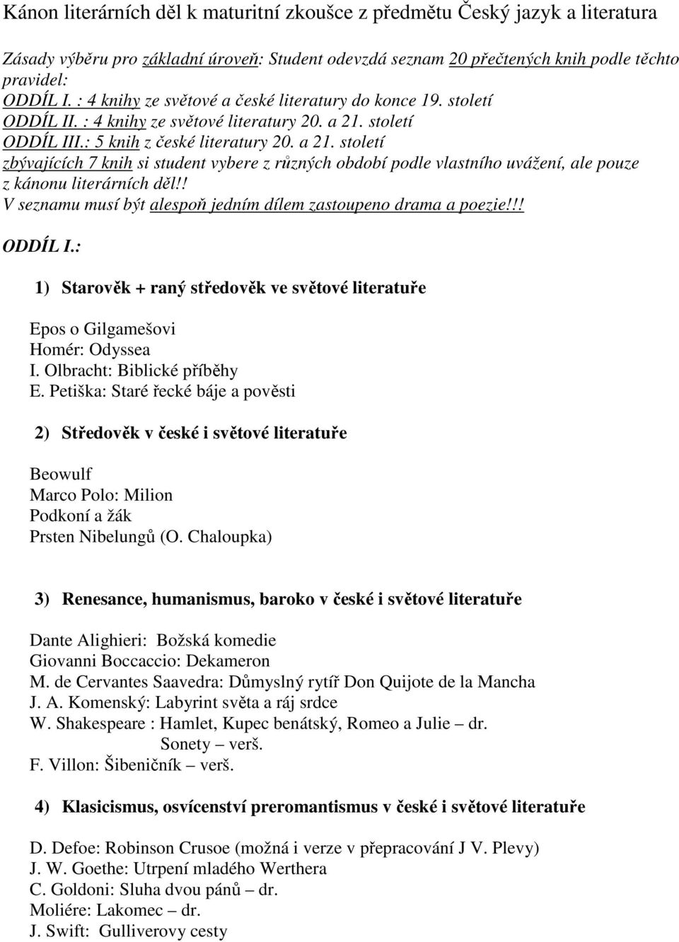 století 5 knih z české literatury 20. a 21. století zbývajících 7 knih si student vybere z různých období podle vlastního uvážení, ale pouze z kánonu literárních děl!