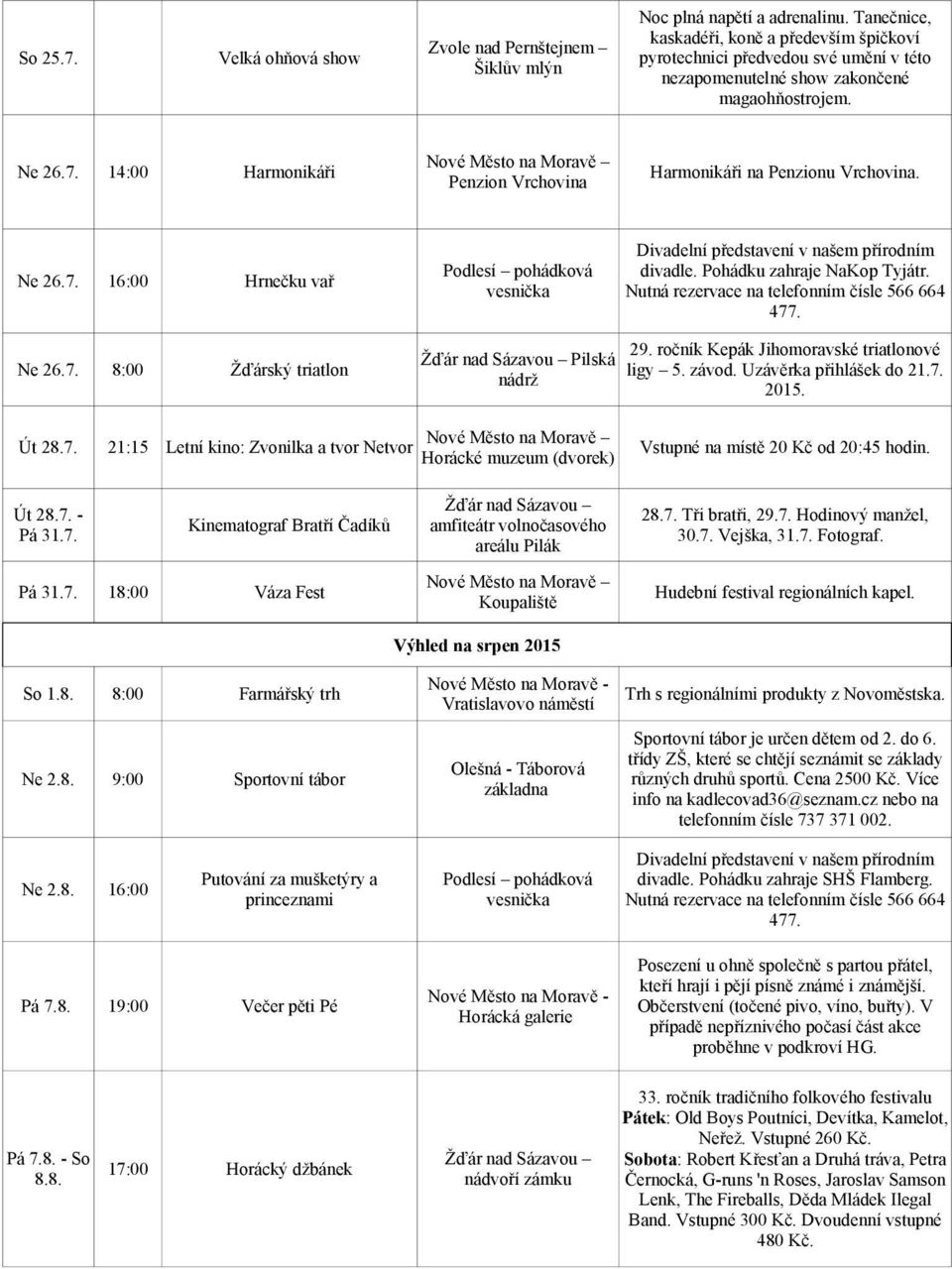 ročník Kepák Jihomoravské triatlonové ligy 5. závod. Uzávěrka přihlášek do 21.7. 2015. Út 28.7. 21:15 Letní kino: Zvonilka a tvor Netvor Vstupné na místě 20 Kč od 20:45 hodin. Út 28.7. - Pá 31.7. Kinematograf Bratří Čadíků Pá 31.