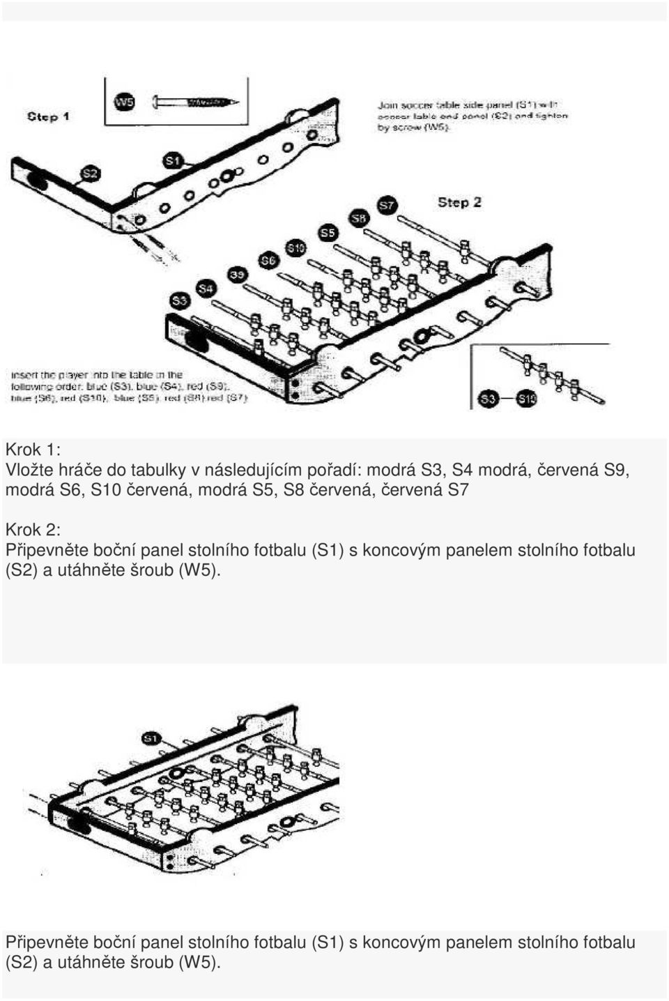 stolního fotbalu (S1) s koncovým panelem stolního fotbalu (S2) a utáhněte šroub (W5).