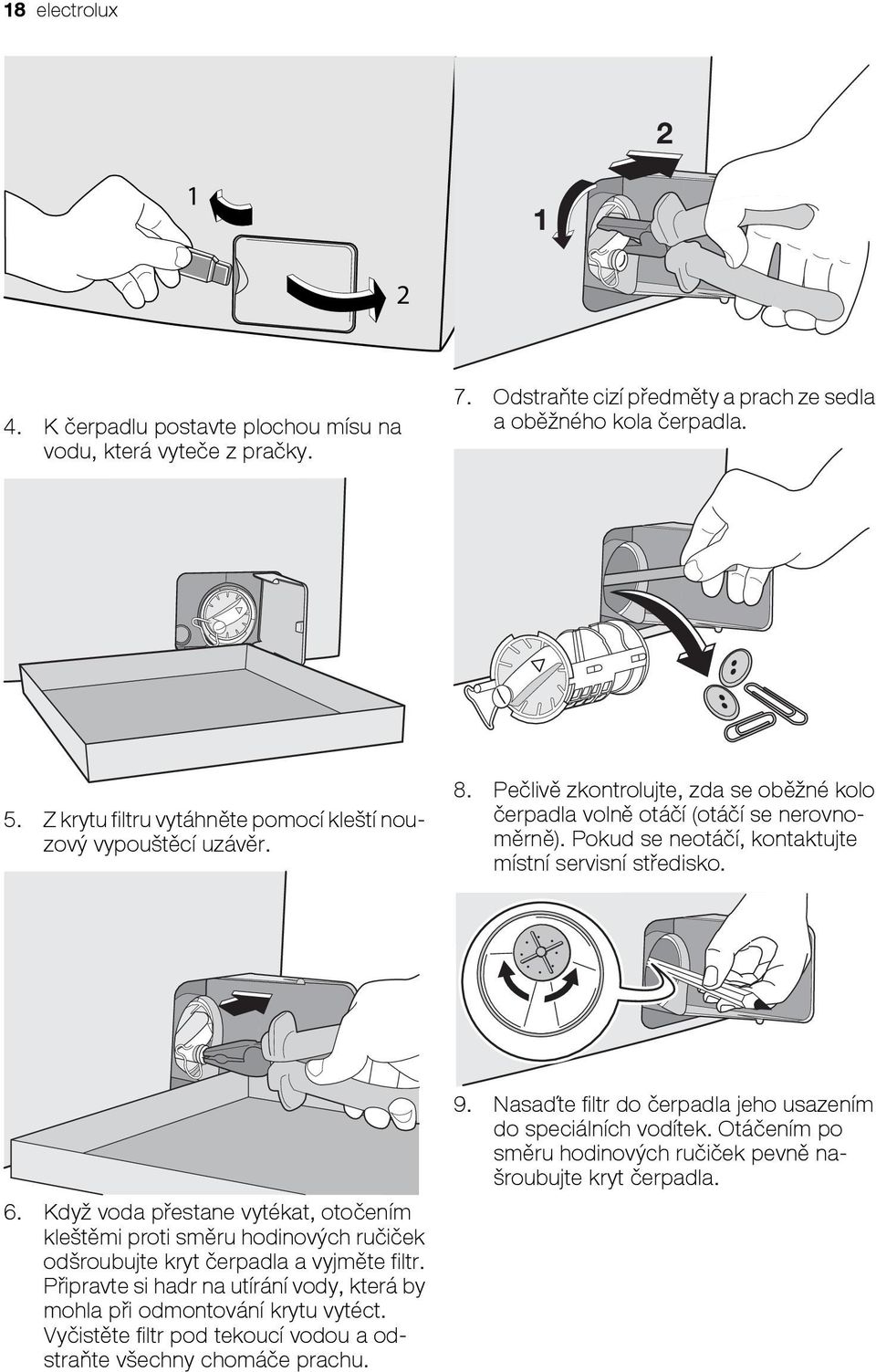Pokud se neotáčí, kontaktujte místní servisní středisko. 6. Když voda přestane vytékat, otočením kleštěmi proti směru hodinových ručiček odšroubujte kryt čerpadla a vyjměte filtr.