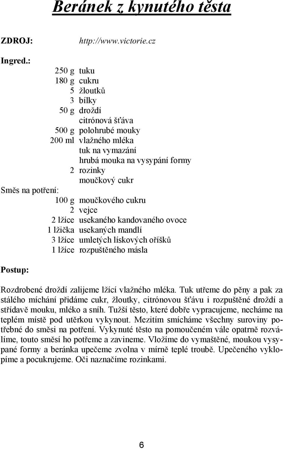 ení: 100 g mou kového cukru 2 vejce 2 lžíce usekaného kandovaného ovoce 1 lži ka usekaných mandlí 3 lžíce umletých lískových o íšk 1 lžíce rozpušt ného másla Rozdrobené droždí zalijeme lžící vlažného