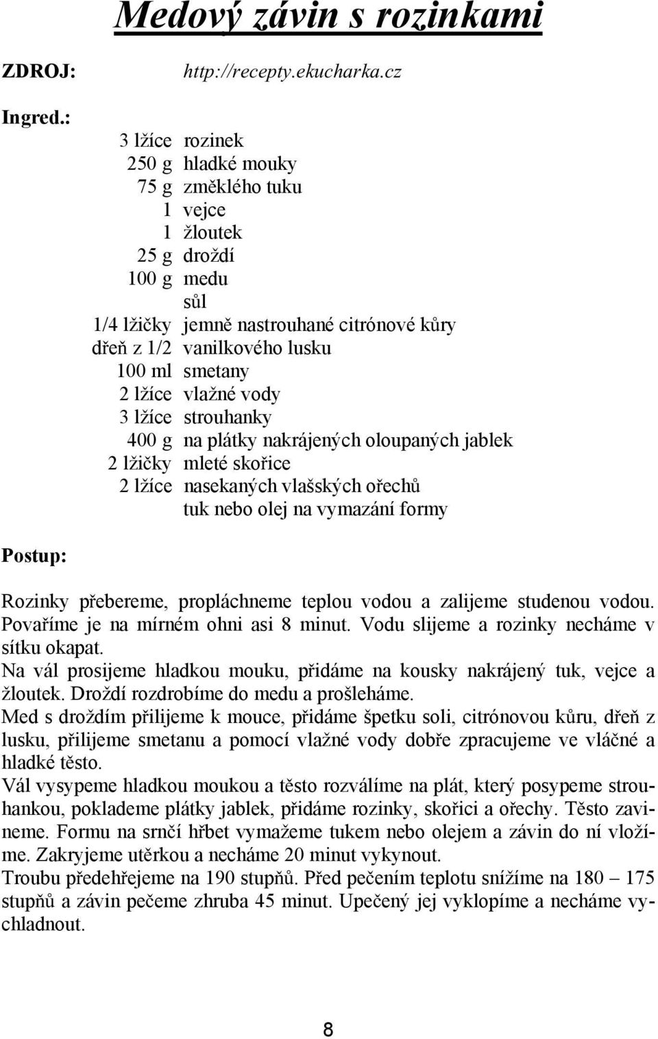 vlažné vody 3 lžíce strouhanky 400 g na plátky nakrájených oloupaných jablek 2 lži ky mleté sko ice 2 lžíce nasekaných vlašských o ech tuk nebo olej na vymazání formy Rozinky p ebereme, propláchneme