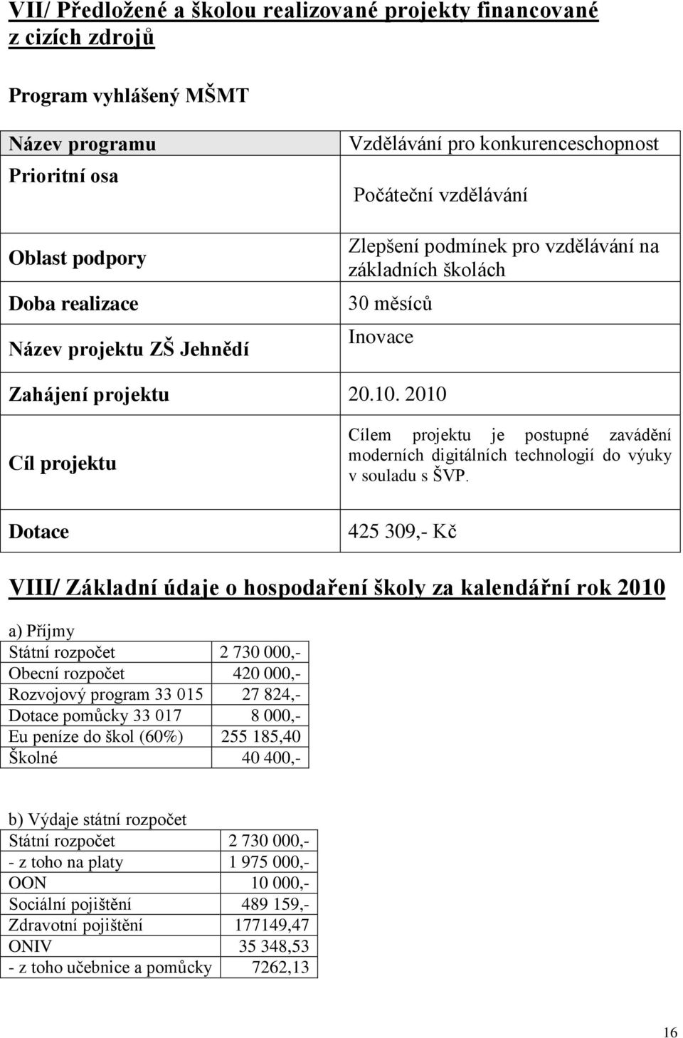 2010 Cíl projektu Cílem projektu je postupné zavádění moderních digitálních technologií do výuky v souladu s ŠVP.