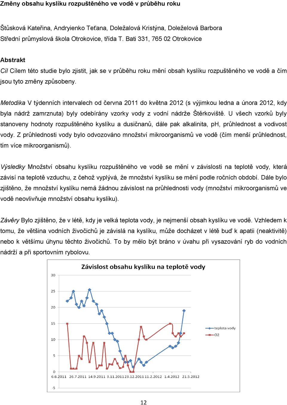 Metodika V týdenních intervalech od června 2011 do května 2012 (s výjimkou ledna a února 2012, kdy byla nádrž zamrznuta) byly odebírány vzorky vody z vodní nádrže Štěrkoviště.