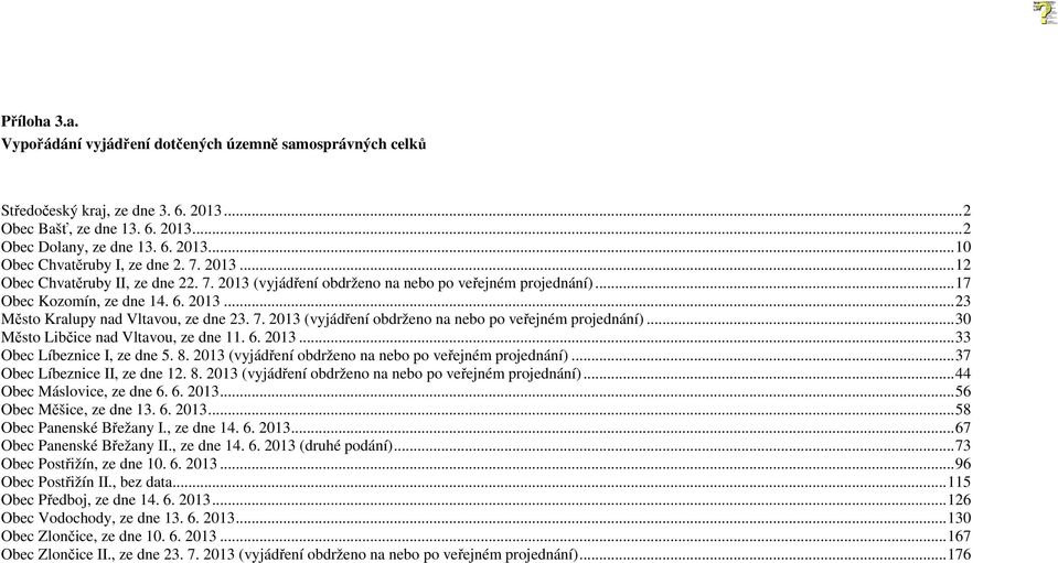 6. 2013... 33 Obec Líbeznice I, ze dne 5. 8. 2013 (vyjádření obdrženo na nebo po veřejném projednání)... 37 Obec Líbeznice II, ze dne 12. 8. 2013 (vyjádření obdrženo na nebo po veřejném projednání)... 44 Obec Máslovice, ze dne 6.