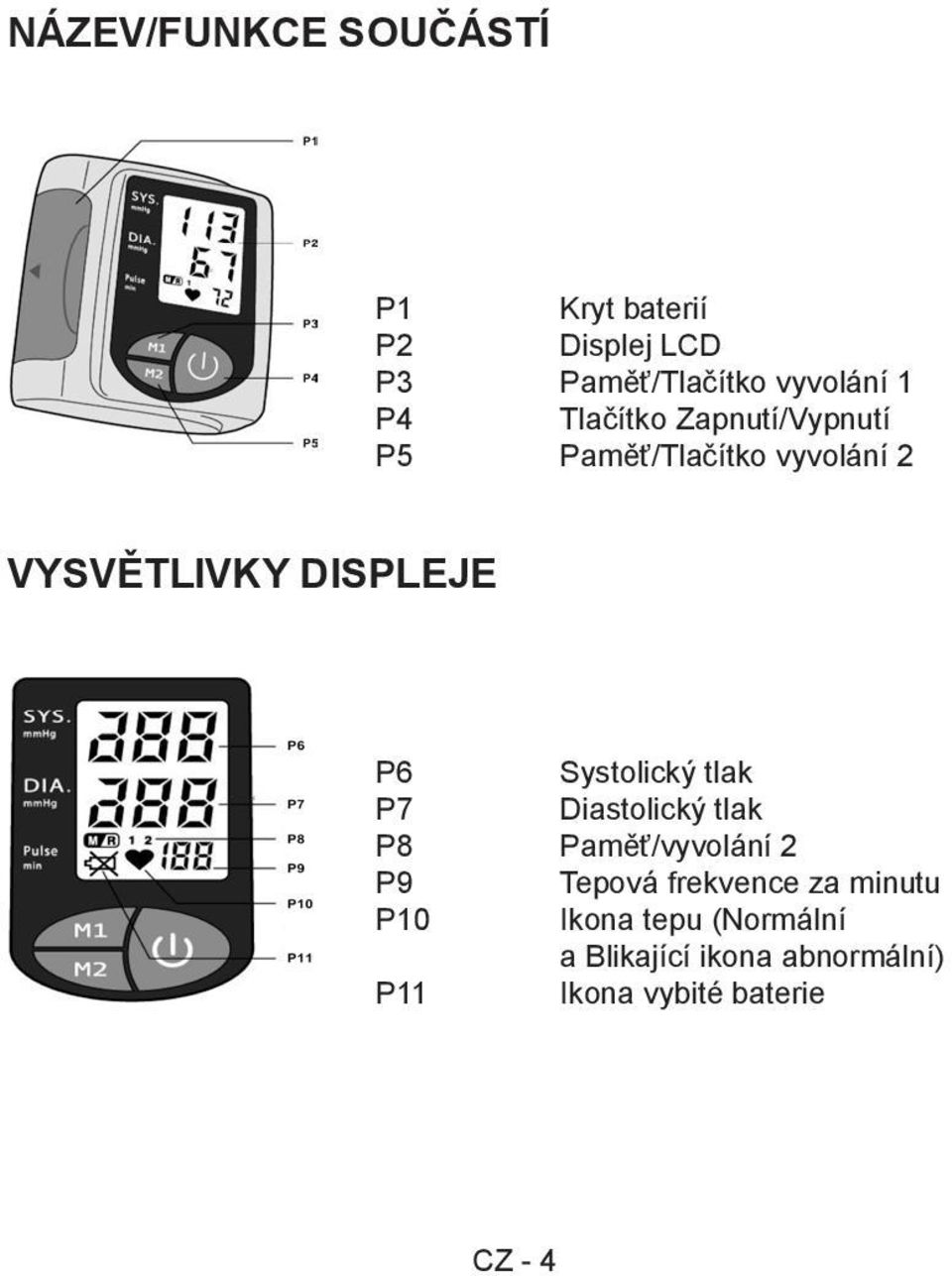 Systolický tlak P7 Diastolický tlak P8 Paměť/vyvolání 2 P9 Tepová frekvence za