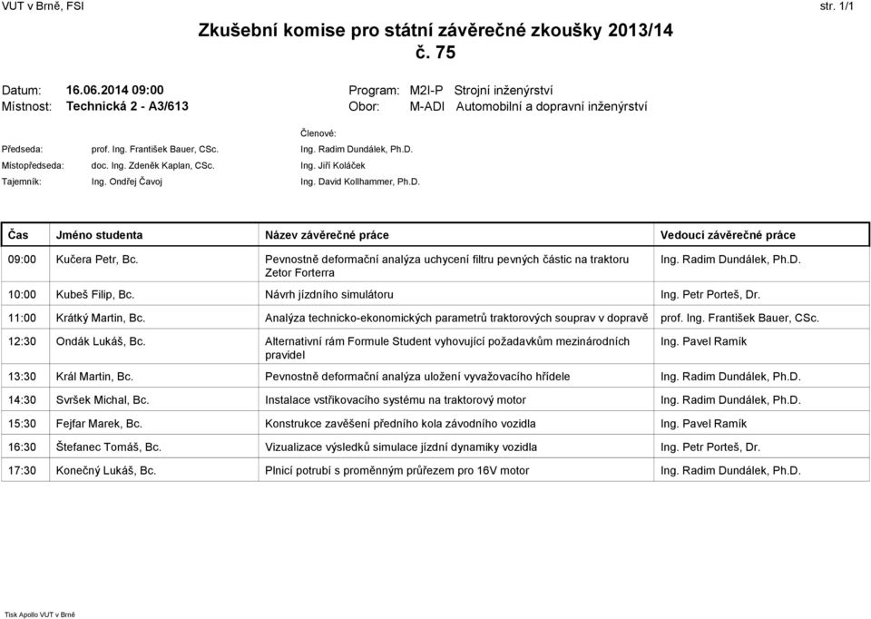 Analýza technicko-ekonomických parametrů traktorových souprav v dopravě prof. Ing. František Bauer, CSc. 12:30 Ondák Lukáš, Bc.