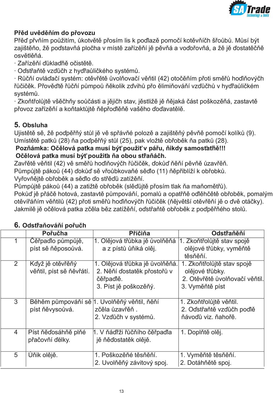 Rucní ovládací systém: otevrete uvolnovací ventil (42) otocením proti smeru hodinových rucicek. Provedte rucní pumpou nekolik zdvihu pro eliminování vzduchu v hydraulickém systému.