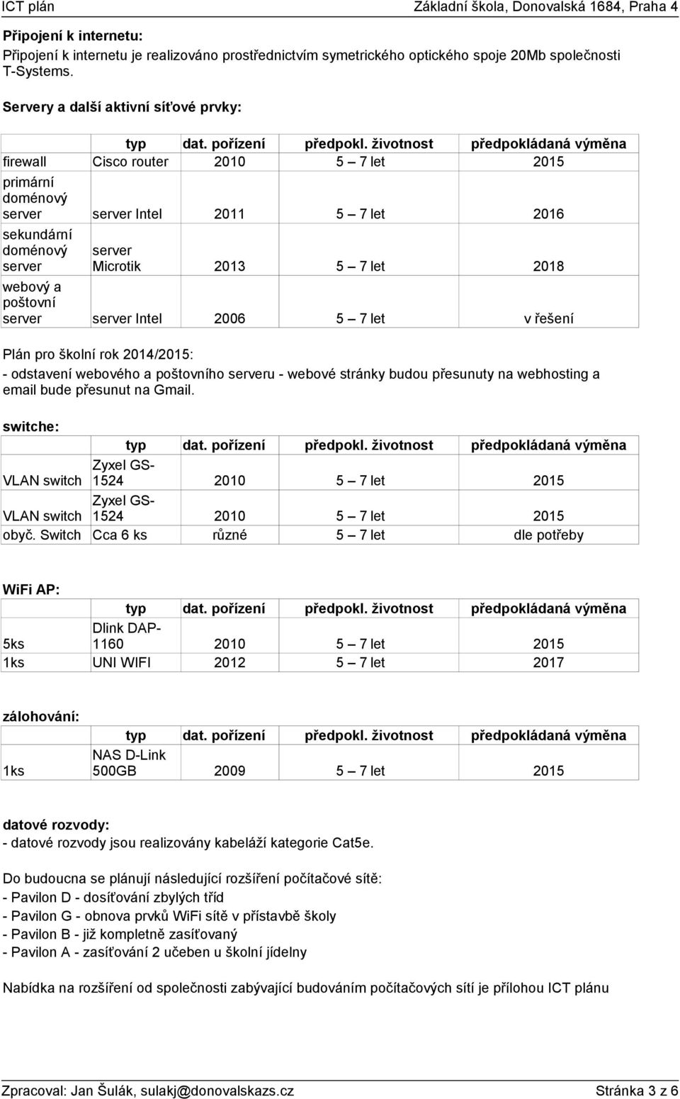 pro školní rok 2014/2015: - odstavení webového a poštovního u - webové stránky budou přesunuty na webhosting a email bude přesunut na Gmail. switche: VLAN switch VLAN switch obyč.