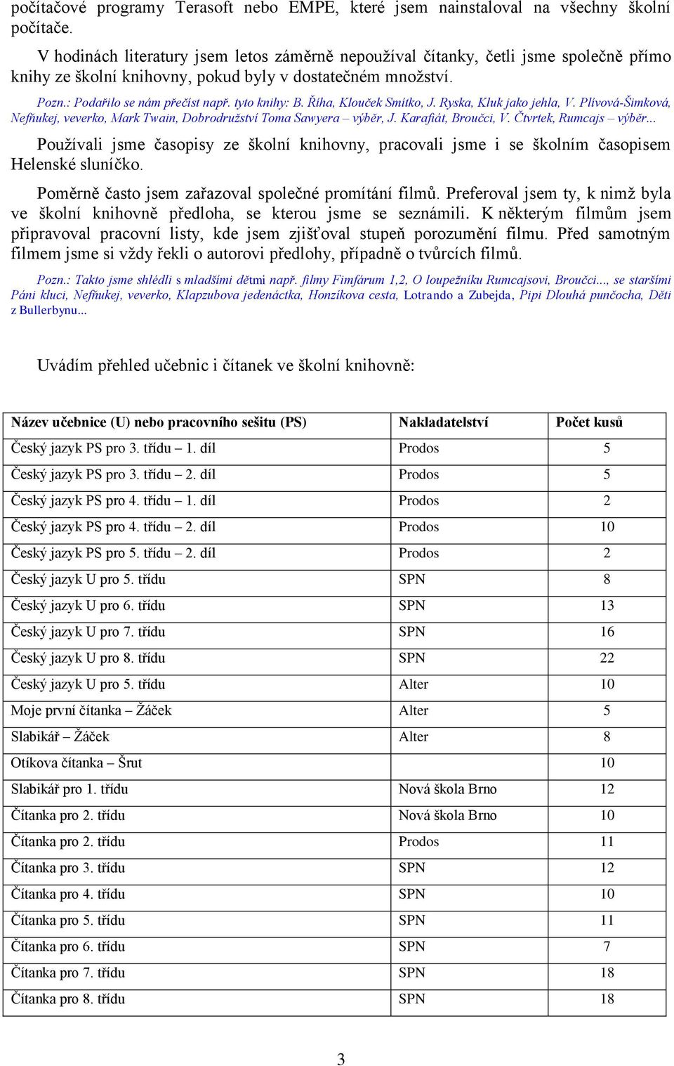 Říha, Klouček Smítko, J. Ryska, Kluk jako jehla, V. Plívová-Šimková, Nefňukej, veverko, Mark Twain, Dobrodružství Toma Sawyera výběr, J. Karafiát, Broučci, V. Čtvrtek, Rumcajs výběr.