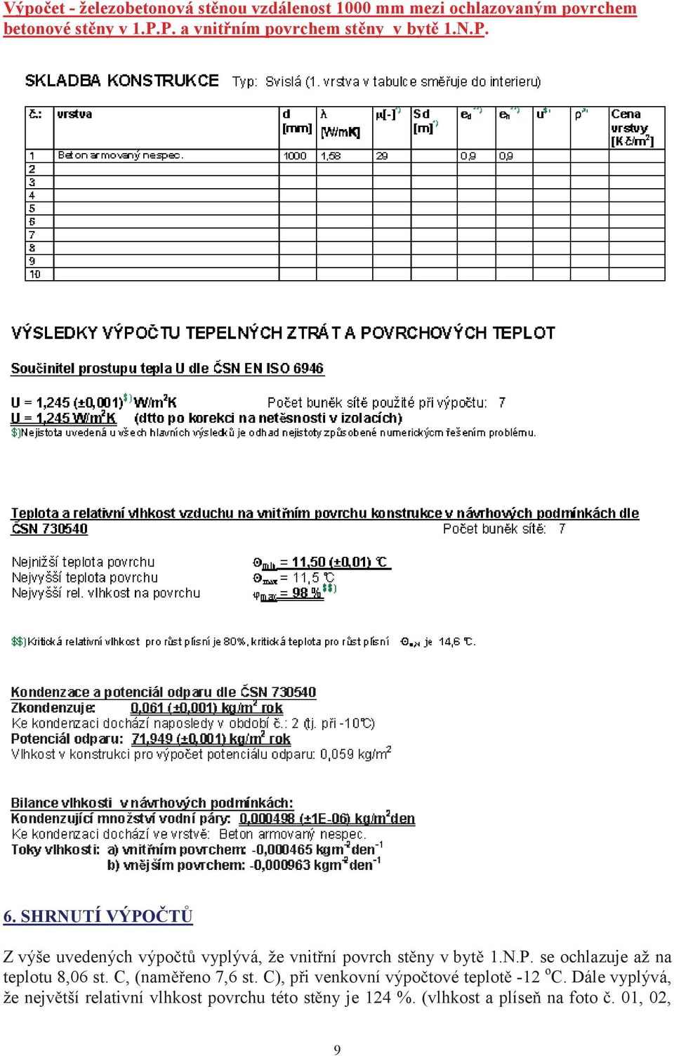 SHRNUTÍ VÝPOČTŮ Z výše uvedených výpočtů vyplývá, že vnitřní povrch stěny v bytě 1.N.P. se ochlazuje až na teplotu 8,06 st.