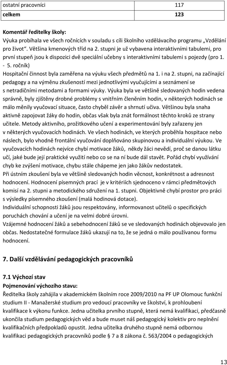 ročník) Hospitační činnost byla zaměřena na výuku všech předmětů na 1. i na 2.