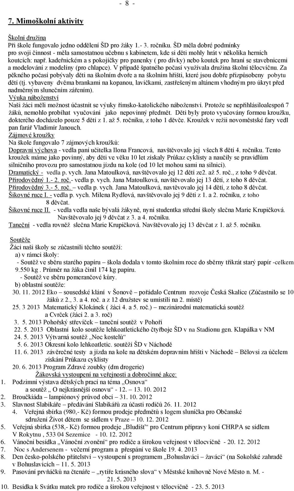 kadeřnickém a s pokojíčky pro panenky ( pro dívky) nebo koutek pro hraní se stavebnicemi a modelování z modelíny (pro chlapce). V případě špatného počasí využívala družina školní tělocvičnu.