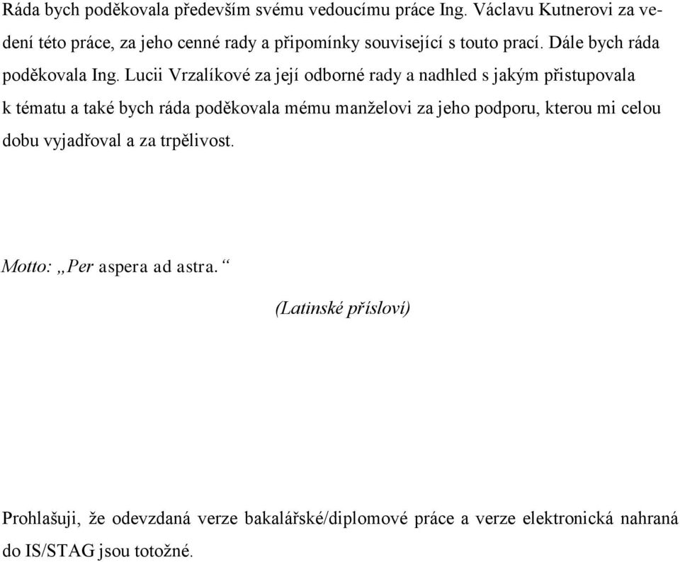 Lucii Vrzalíkové za její odborné rady a nadhled s jakým přistupovala k tématu a také bych ráda poděkovala mému manželovi za jeho