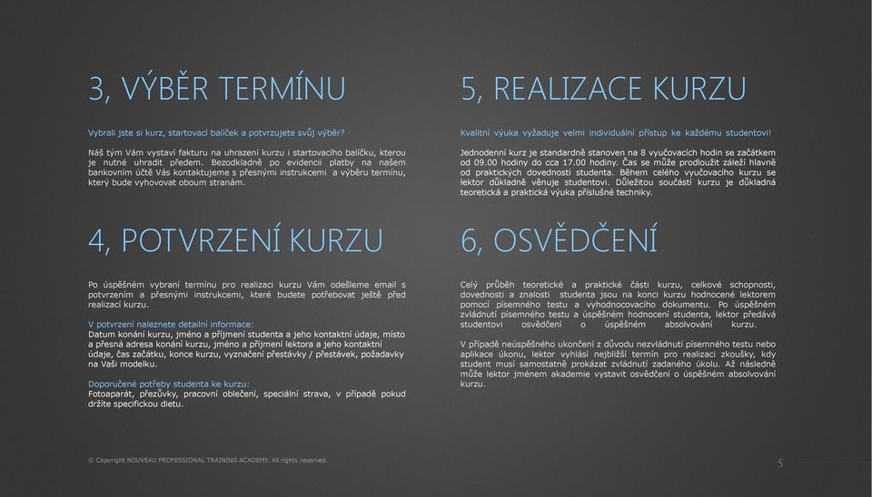 Bezodkladně po evidencii platby na našem bankovním účtě Vás kontaktujeme s přesnými instrukcemi a výběru termínu, který bude vyhovovat oboum stranám.