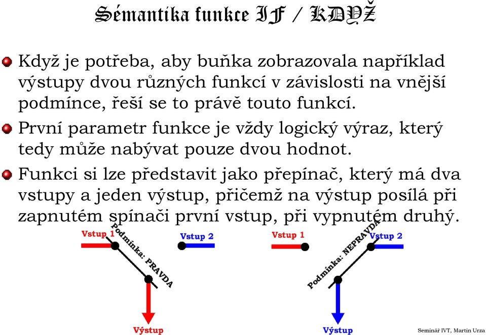 První parametr funkce je vždy logický výraz, který tedy může nabývat pouze dvou hodnot.