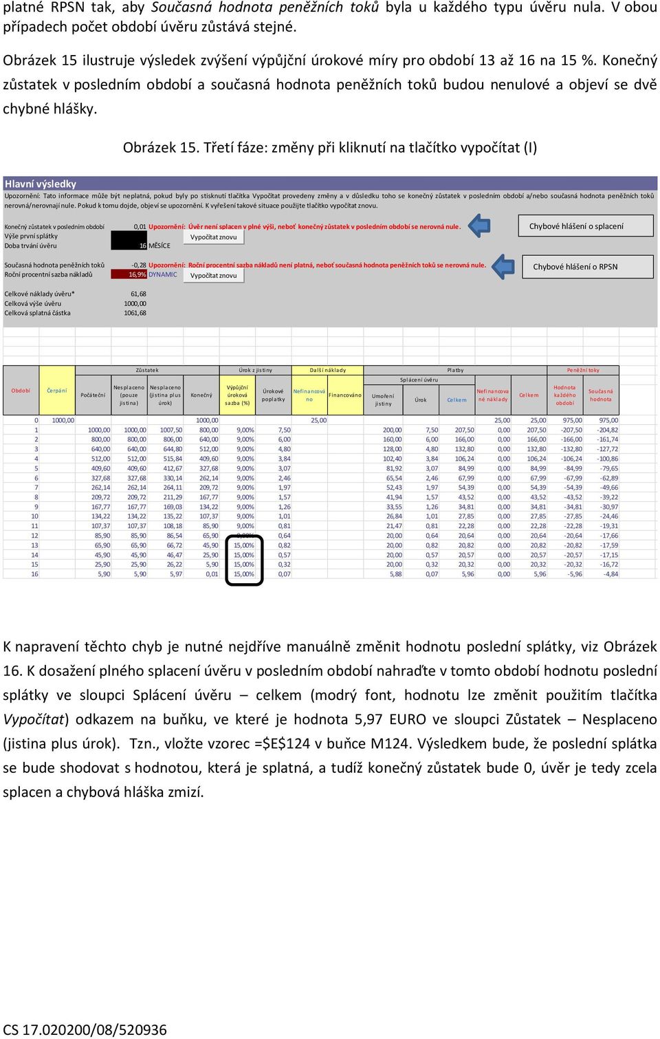 Konečný zůstatek v posledním období a současná hodnota peněžních toků budou nenulové a objeví se dvě chybné hlášky. Obrázek 15.