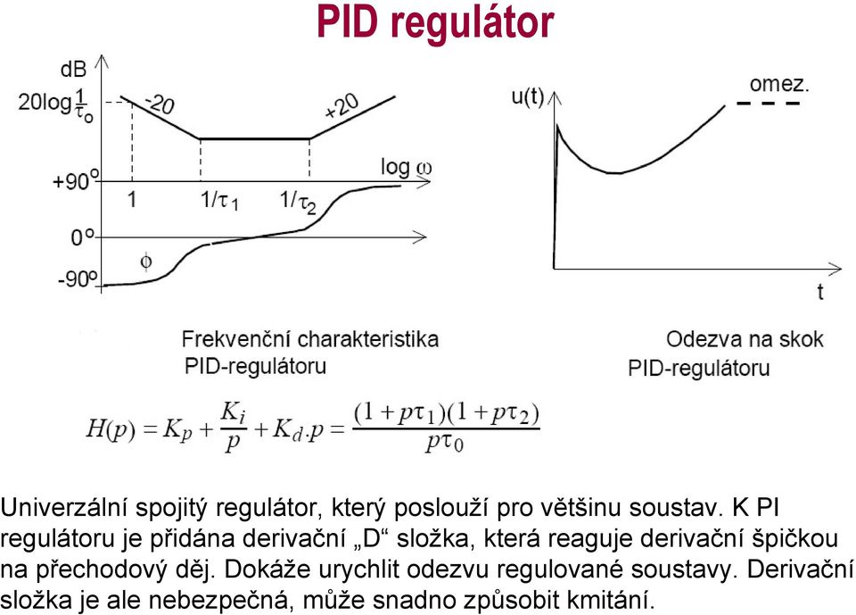 K PI regulátoru je přidána derivační D složka, která reaguje derivační