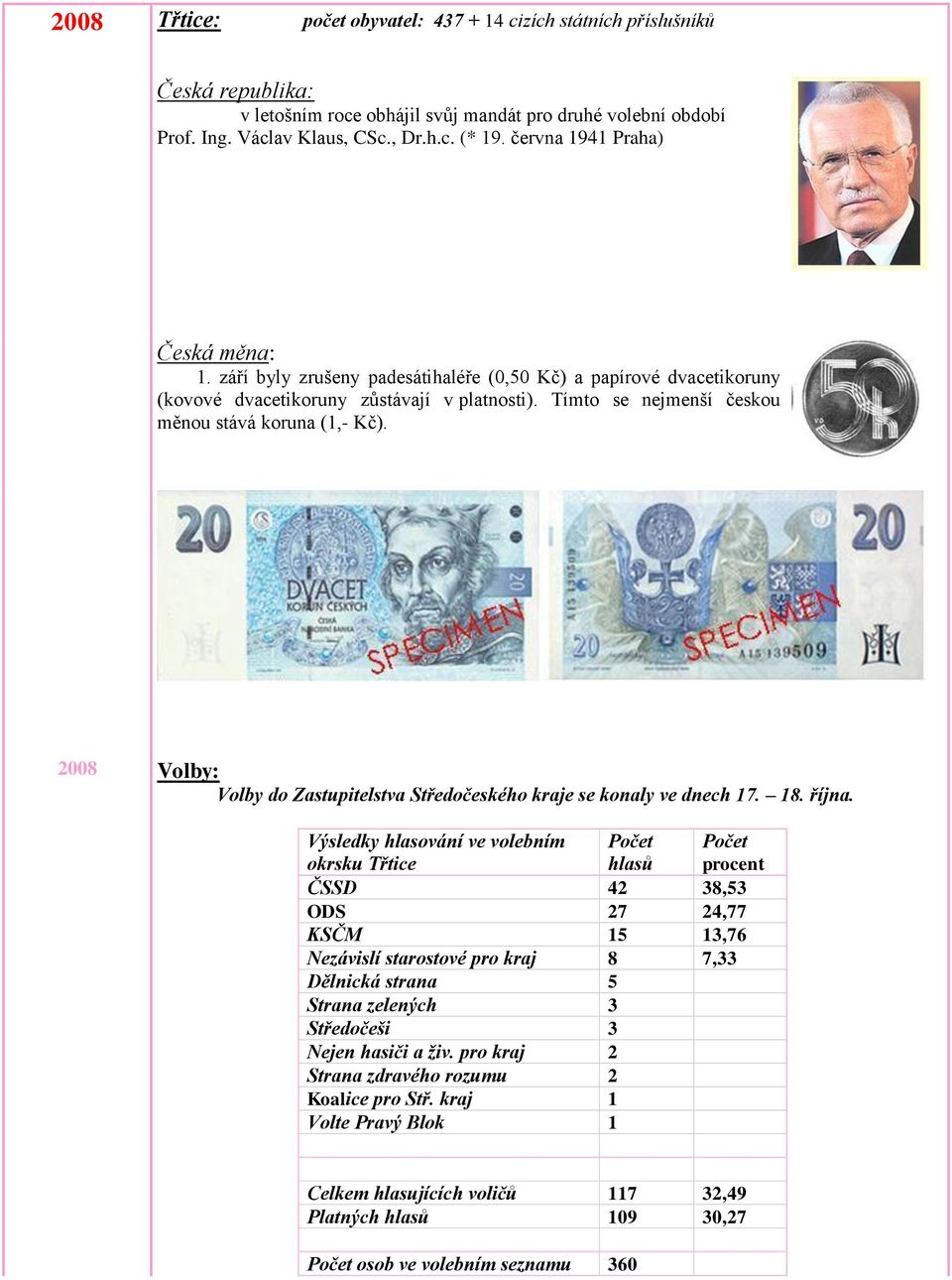 Tímto se nejmenší českou měnou stává koruna (1,- Kč). 2008 Volby: Volby do Zastupitelstva Středočeského kraje se konaly ve dnech 17. 18. října.