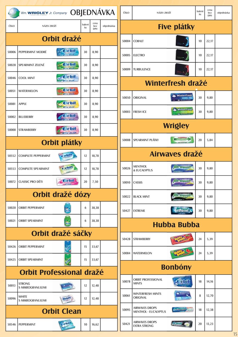 BLUEBERRY 30 8,90 50000 STRAWBERRY 30 8,90 Orbit plátky 50552 COMPLETE PEPPERMINT 12 18,78 50003 FRESH ICE 30 9,80 Wrigley 50008 SPEARMINT PLÁTKY 20 5,84 Airwaves dražé 50553 COMPLETE SPEARMINT 12