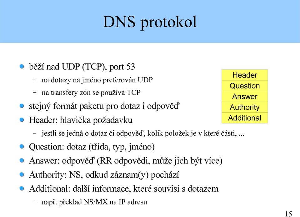 .. Question: dotaz (třída, typ, jméno) Answer: odpověď (RR odpovědi, může jich být více) Authority: NS, odkud záznam(y)